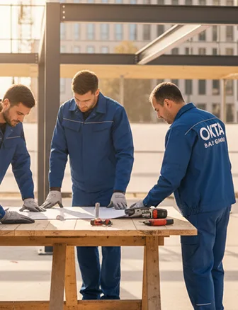 Arbeiter schauen sich Baupläne an