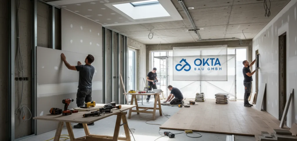 Professionelle Renovierung von Wohn- und Gewerberäumen, Handwerker bei der Arbeit.