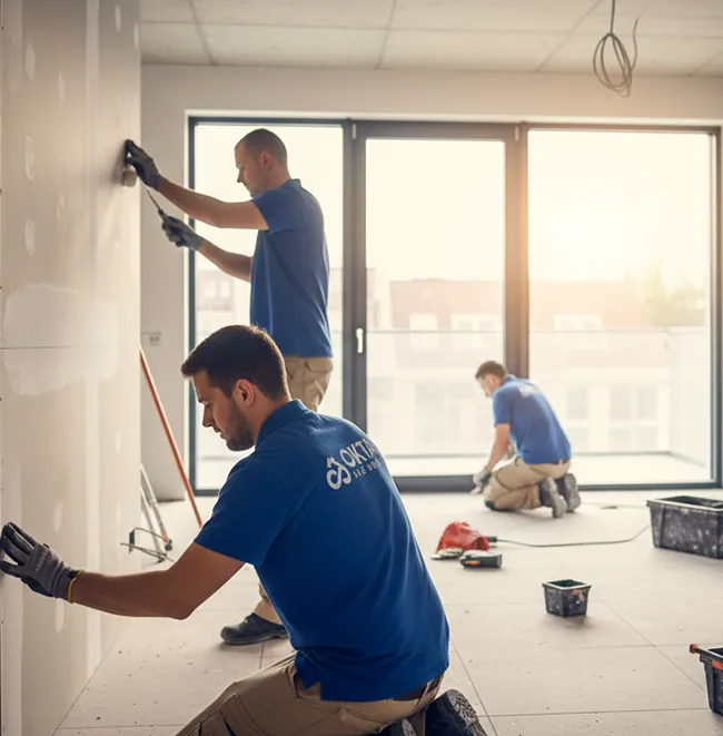 Innenausbau mit Trockenbau, Bodenbelägen und Malerarbeiten, sauberer Arbeitsplatz.