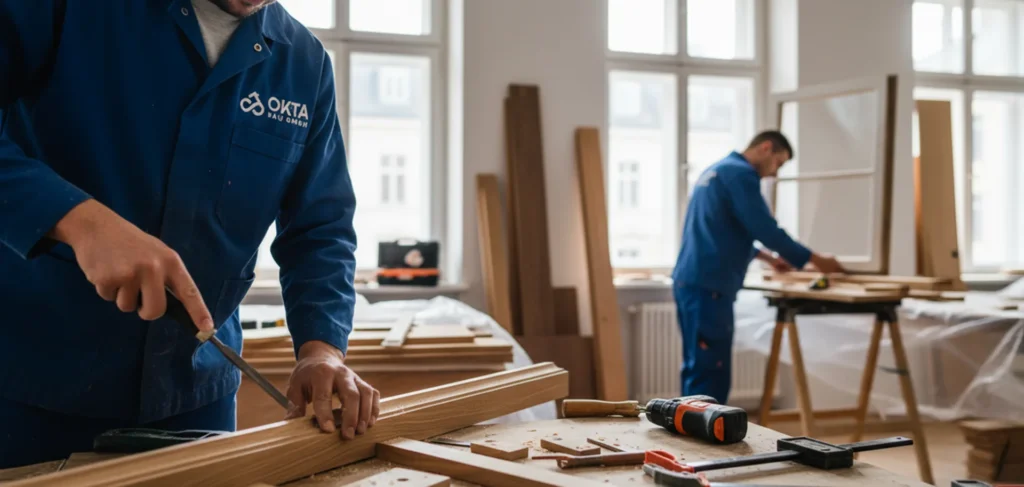 Zwei Mitarbeiter arbeiten an Holz