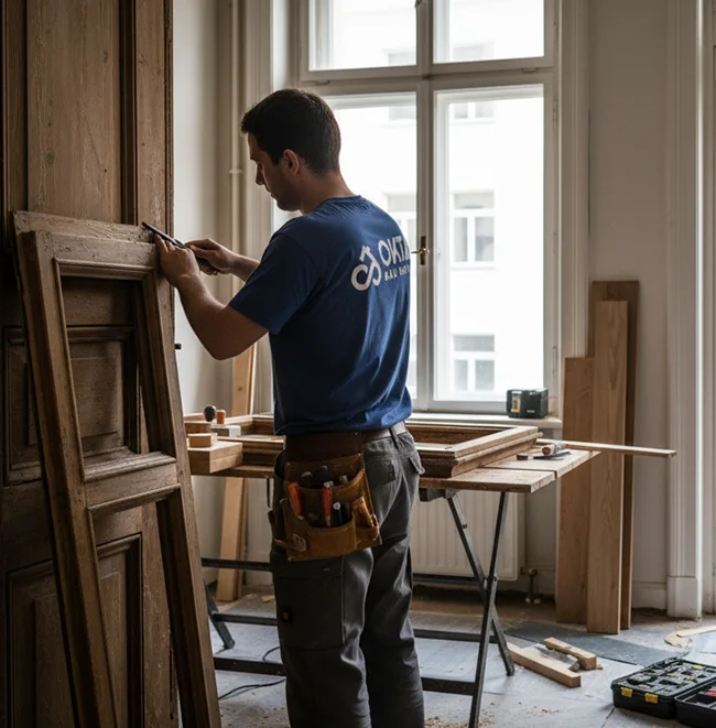 Okta Bau arbeitet an Holztür